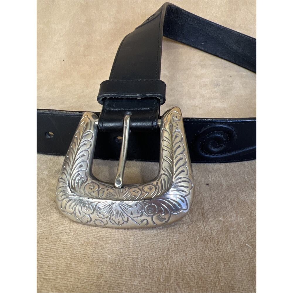 Brighton Leather Tooled Belt‎ Silver Buckle Western Cowboy Vintage Small 29-31”